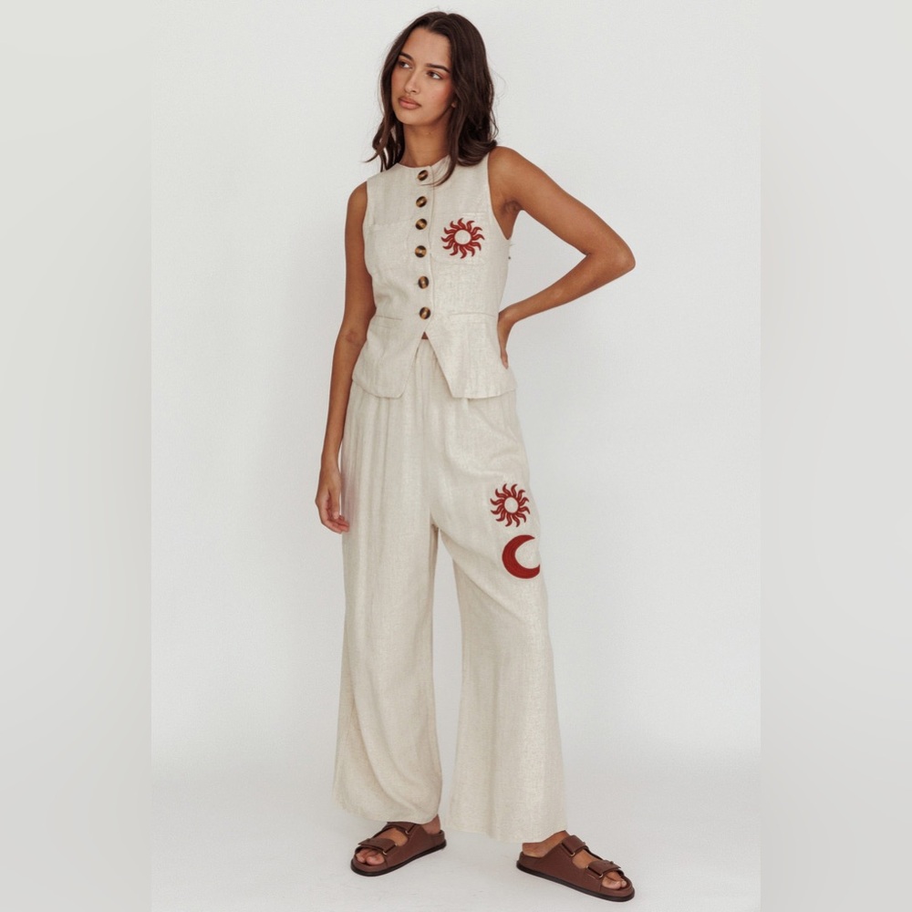 INDI LUXE Swing Of Things Sun Sleeveless Buttoned Vest Wide Leg Pants Oat Large